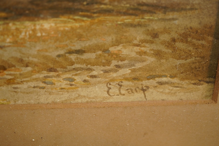 Edwin Earp (1851-1945), Mountainous riverscape with angler, signed, watercolour heightened with white, 23 x 38cm